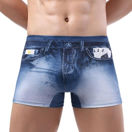 

Men Low Rise Underwear Funny 3D Cowboy Faux Jean Denim Pattern Printed Shorts Boxer Briefs Summer Sexy Stretch Underpant