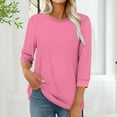 thumbnail image 3 of 3/4 Sleeve Tops for Women Solid Color Round Neck Pleated T-shirt Fall Winter Casual Loose Blouses Comfortable Lightweight Fashion Tunic Shirts Cotton Tees Size S-XXL, 3 of 5