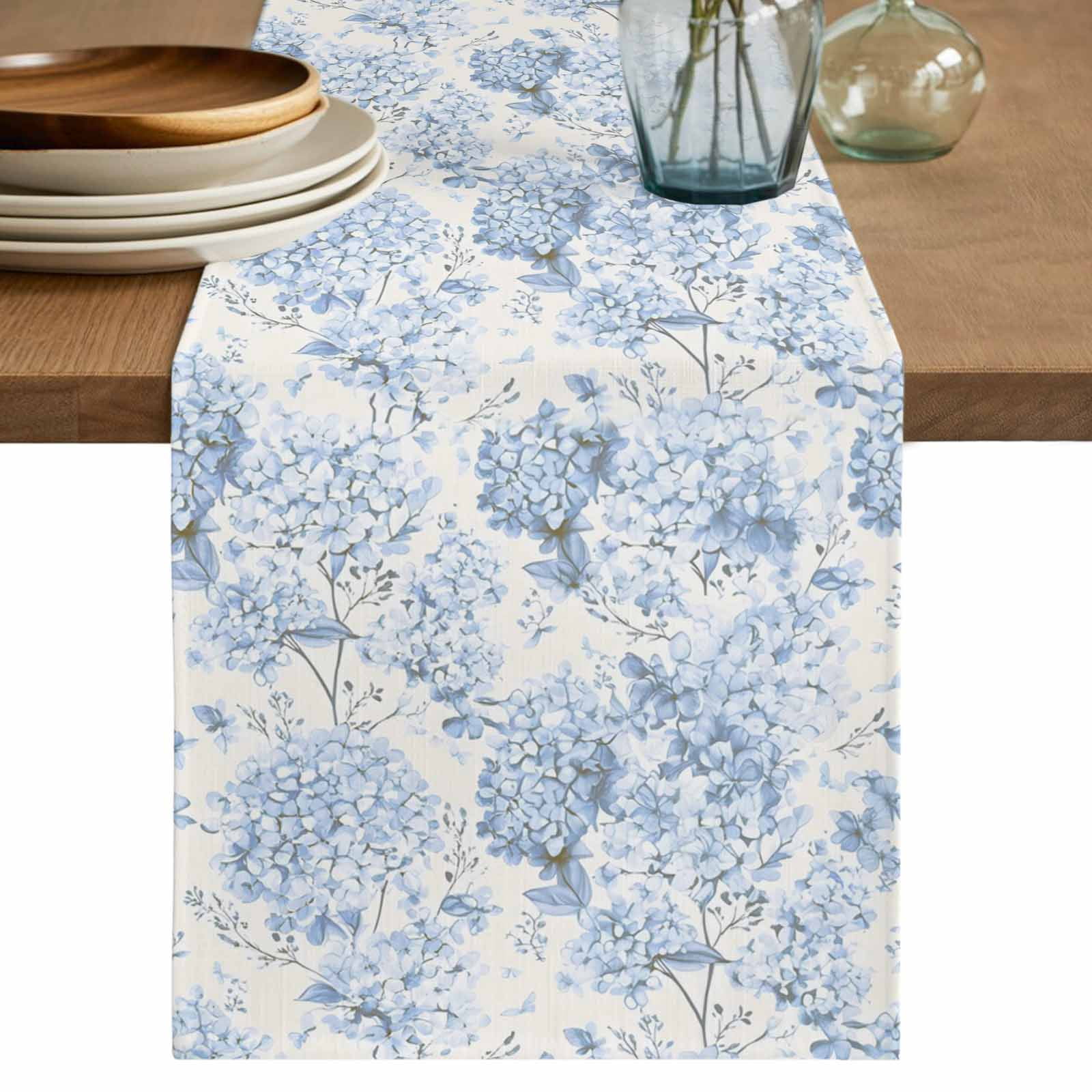 Blossoms Hydrangea Floral Table Runner 90 Inches Long,Kitchen Dining Tablerunners Blue Flowers Linen Table Runners Dresser Scarves for Home Dinner Wedding Holiday Party Decor
