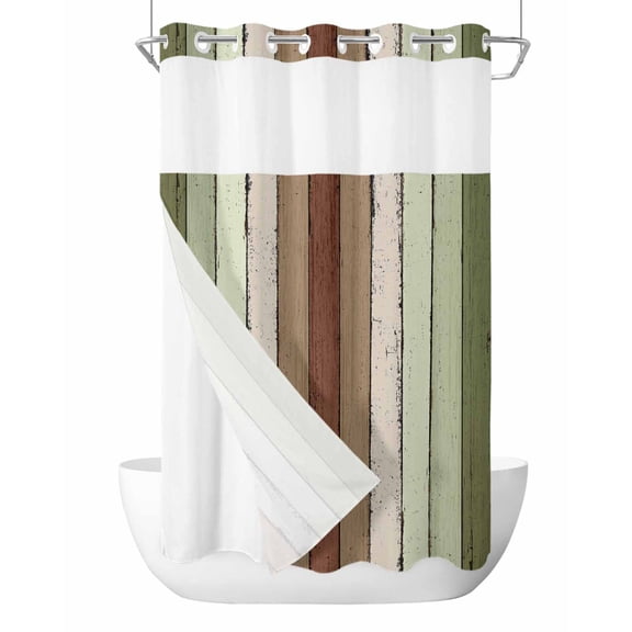 No Hook Cloth Fabric Shower Curtain with Snap in Liner, Sage Green Waterproof Shower Curtains Set with See Through Top Window, Farmhouse Wood Grain Vintage Brown Striped Bath Curtains Shower 54"x78"