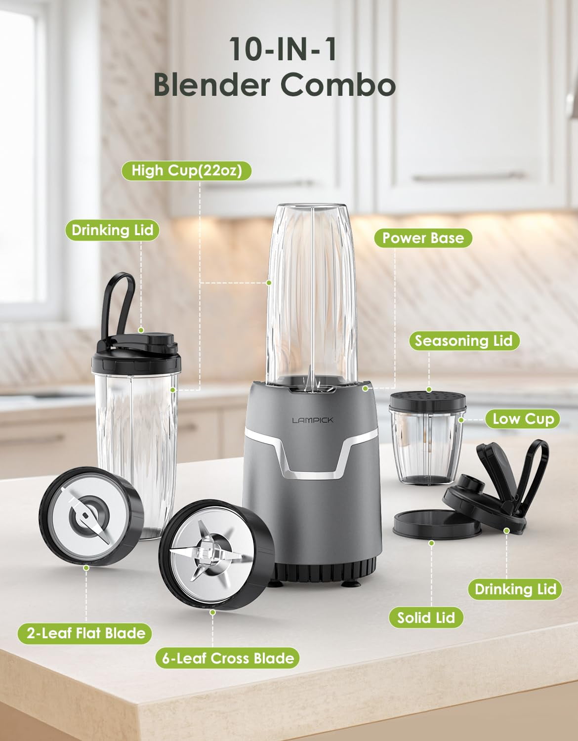 Personal Smoothie Blender, Blenders and Grinder Combo for Kitchen with 2 * 22 Oz To-Go Cup and Lid for Protein Shake, Baby Food, Frozen Drink