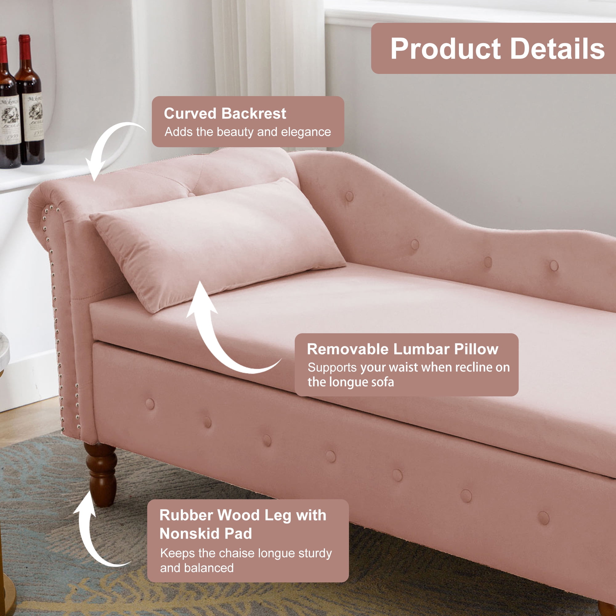 Aukfa Storage Chaise Lounge Chair Indoor Recliner Lounge Chair for Living Room Bedroom,Pillow - Pink