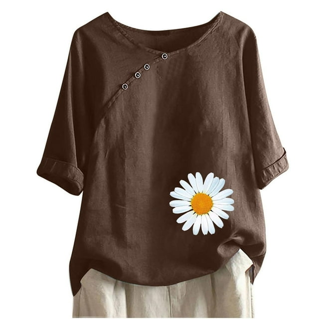 Blusas de Manga Corta para las Mujeres Impresas Cuello Redondo Camiseta Casual, Blusa de Algodón de Imitación para las Mujeres
