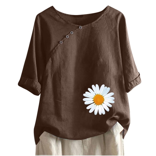 Blusas de Manga Corta para las Mujeres Impresas Cuello Redondo Camiseta Casual, Blusa de Algodón de Imitación para las Mujeres