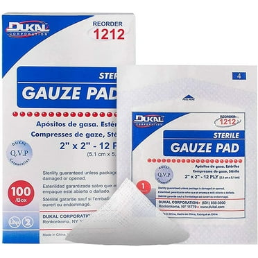 Dukal Woven Gauze Pads 2" x 2". Pack of 100 12-Ply disposable cotton Sponges for wound dressing, cleaning, prepping, or packing. Sterile, 100% cotton.