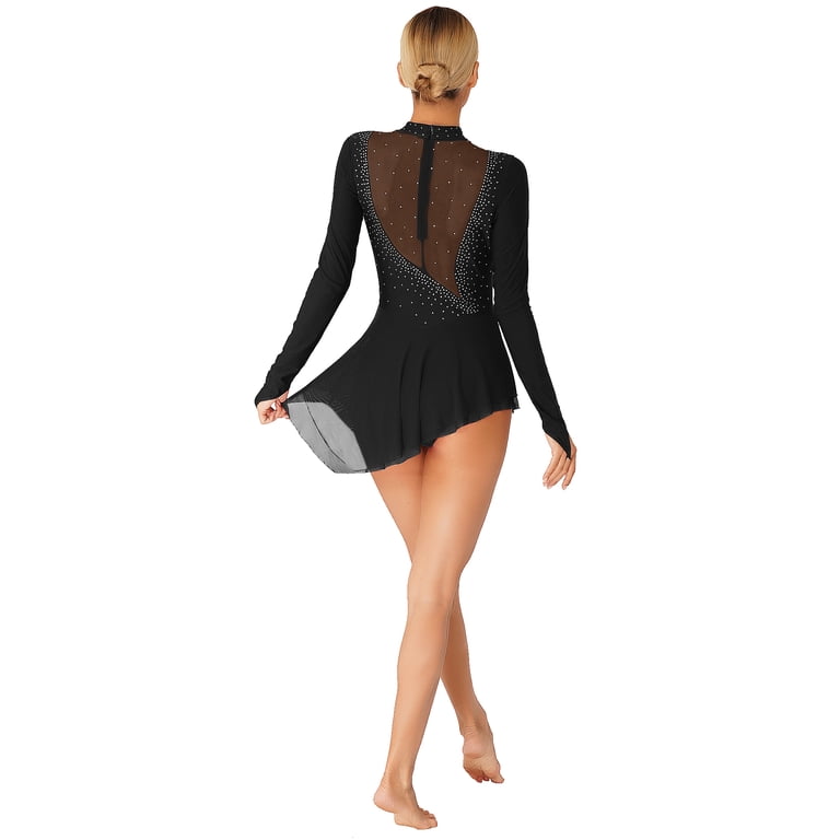 CHICTRY Womens Rhinestone Ballet Dance Dress Gymnastics Leotard Long Sleeve  Mesh Splice Figure Skating Dress A Black M - Walmart.com