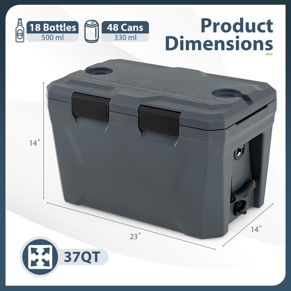 Topcobe Insulated Portable Cooler Hard Shell Ice Chest with 2 Cup Holders Bottle Opener and Drain Plug, Portable Water Cooler, Cooler with Wheels-Gray