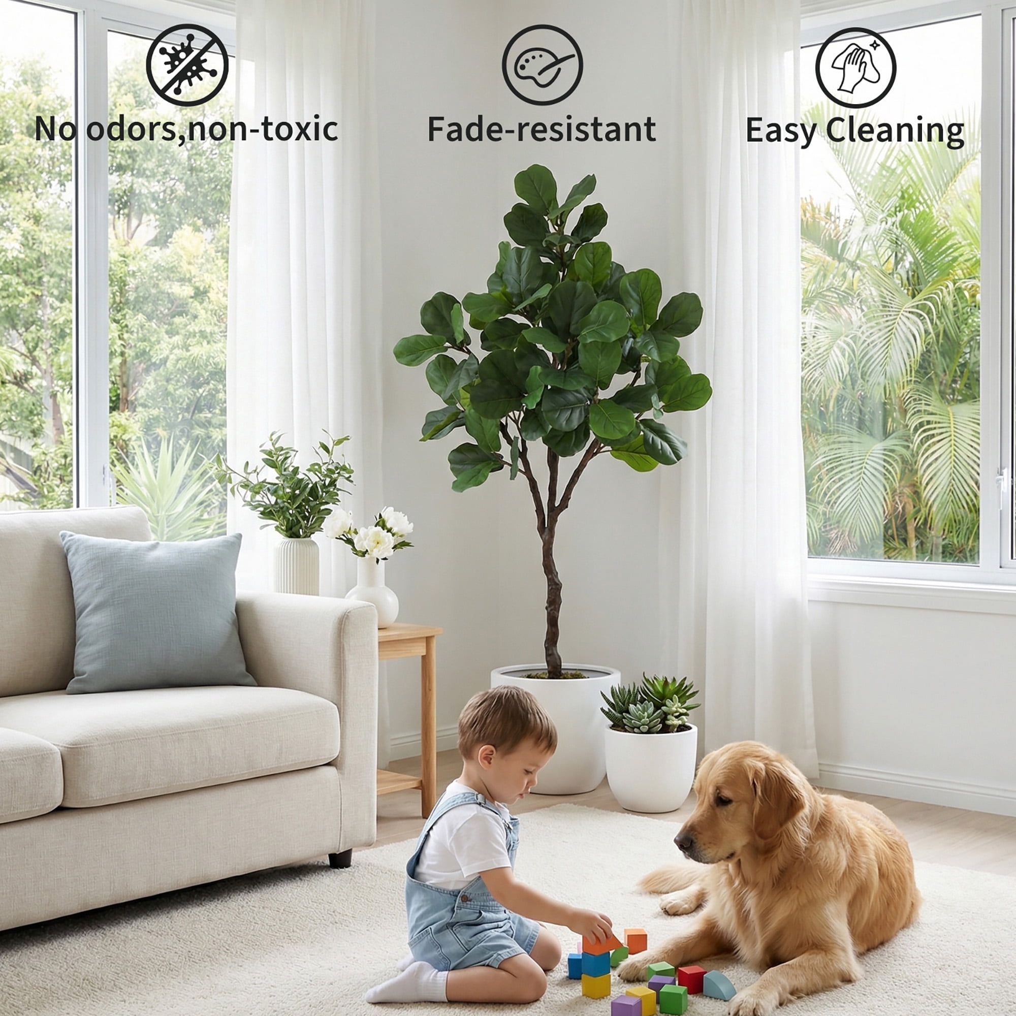 Artificial Fiddle Leaf Fig Tree 6FT Tall, Faux Ficus Lyrata Plant with Realistic Silk Leaves in Pot, Fake Floor Plant for Indoor Home Office Decor