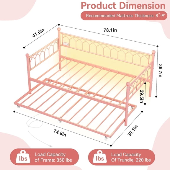 Acekid Twin Size Daybed with Charging Station & LED Lights, Metal Bed Frame with Trundle, Pale Pink