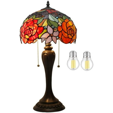 Tiffany Lamp Antique Style Stained Glass Table Light W12H22 Inch(LED Bulb Included)Red Rose Lampshade S001 WERFACTORY Lamps Lover Girlfriend Living Room Bedroom Office Coffee Bar Desk Art Crafts Gifts