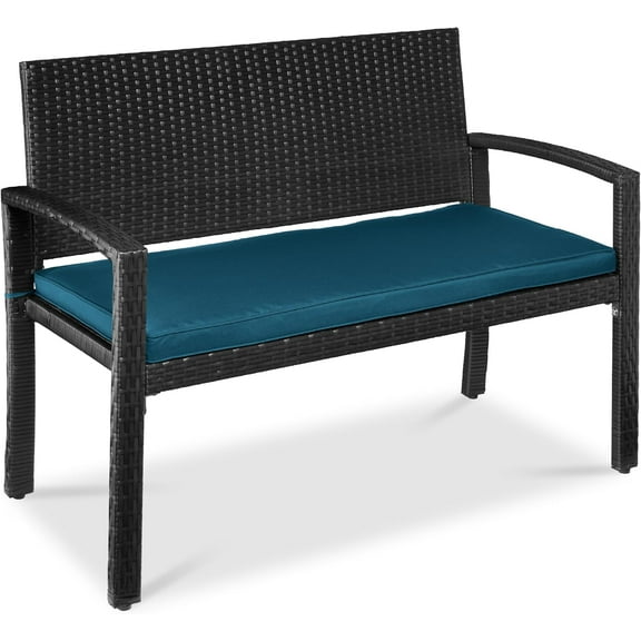 BOBOKY  Outdoor Bench 2-Person Wicker Garden Patio Benches Seating Furniture for Backyard, Porch w/Seat Cushion, 700 lbs Capacity,Blue/Black