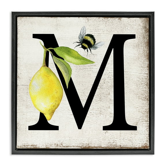 Stupell Industries Lemon & Bee M Letter Insects Painting Black Floater Framed Canvas Art Print Wall Art, 18 x 18