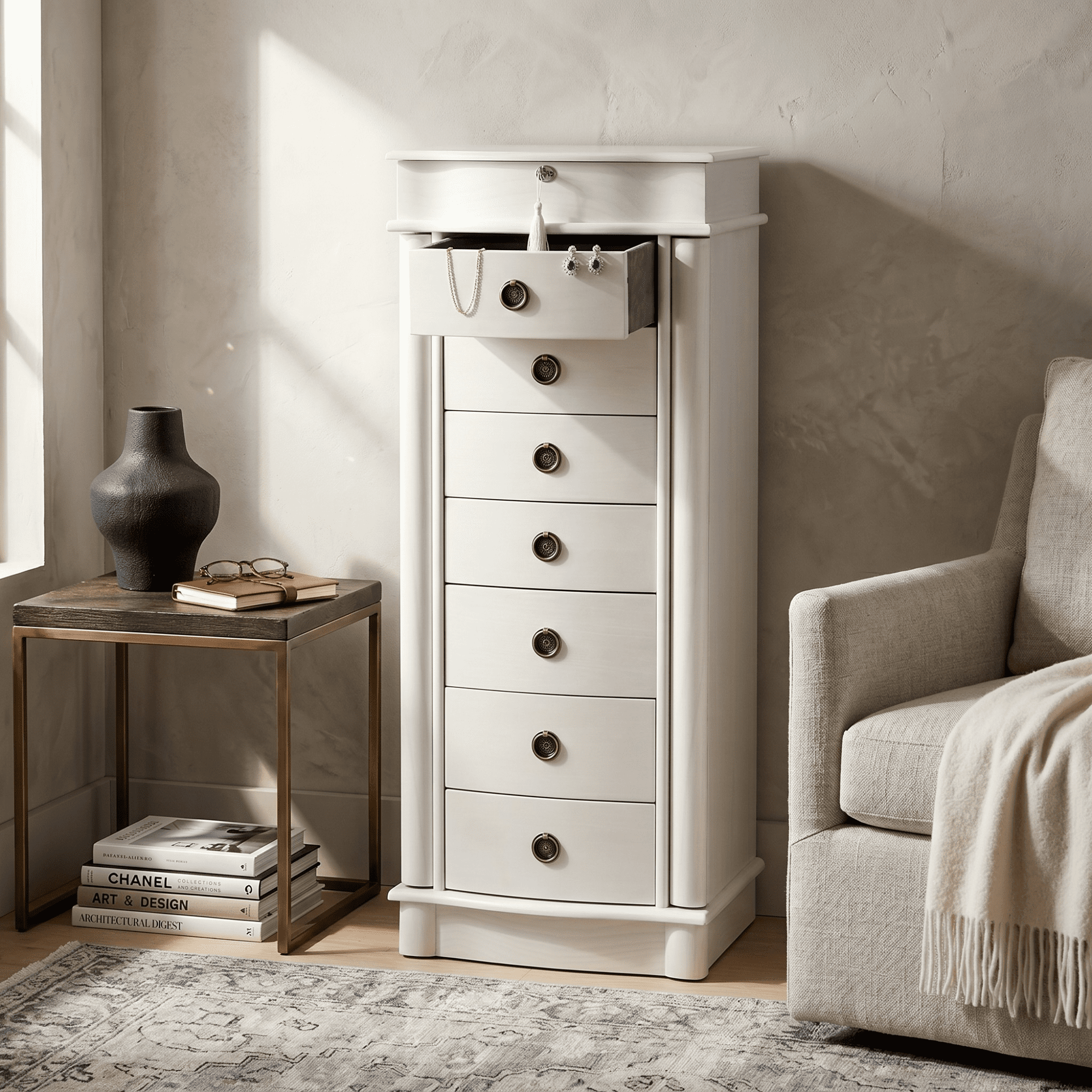 Hives and Honey Nora Traditional Jewelry Armoire with Locking Compartment and Ample Storage, White