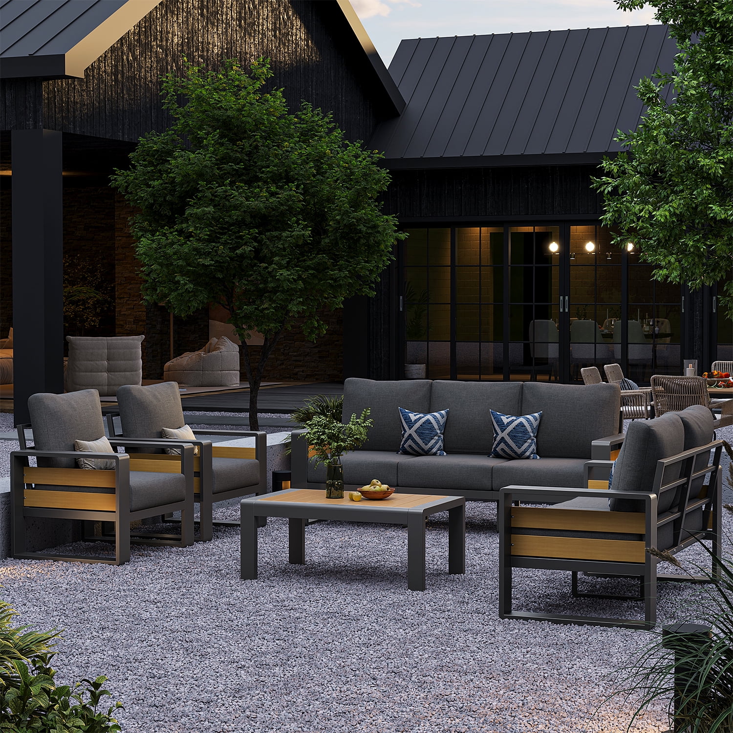 BaPiPro 5-Piece Aluminum Patio Furniture Set, Modern Outdoor Conversation Set with 3-Seater Sofa, Loveseat, 2 Armchairs & Coffee Table, All-Weather Light Gray Cushions for Backyard, Porch, Deck