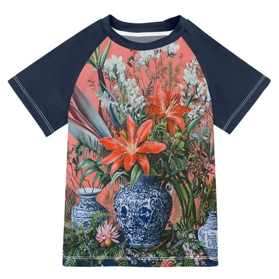 FORMRS Boys Rash Guard Short Sleeves Swim Shirt Quick Dry UPF 50  Sun Protection, Sizes 3-12T, Orange Vibrant Flowers
