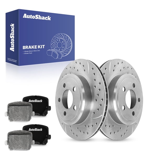 AutoShack 12.59" (319.8 mm) Rear Vented Drilled & Slotted Brake Rotors Coated   Ceramic Brake Pads | Replacement for 2014 Dodge Charger | Silver Zinc Coated | 6-PC Brake Kit | SilverShield Pro