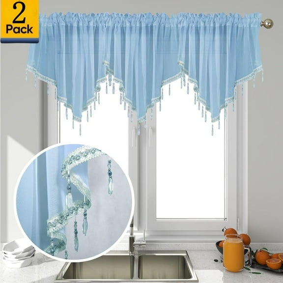 Moqsnm 2 Piece Beaded Triangle Sheer Valance Curtains for Windows Kitchen Living Room Bathroom Bedroom Voile Sheer Rod Pocket Short Window Valance Curtains (Sky Blue,51"x24")