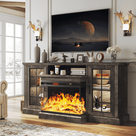 Easoger Fireplace TV Stand for TVs up to 65", 12 Flame Colors&12 LED Light Colors, TV Console with 3-Sided Glass Fireplace, for Living Room, Gray