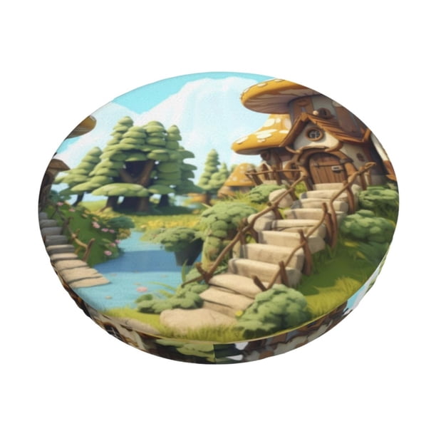 Disketp Cartoon Mushroom House Funda Redonda para Taburete, Funda de Cojín para Silla de Bar Suave y Elástica-12 inch