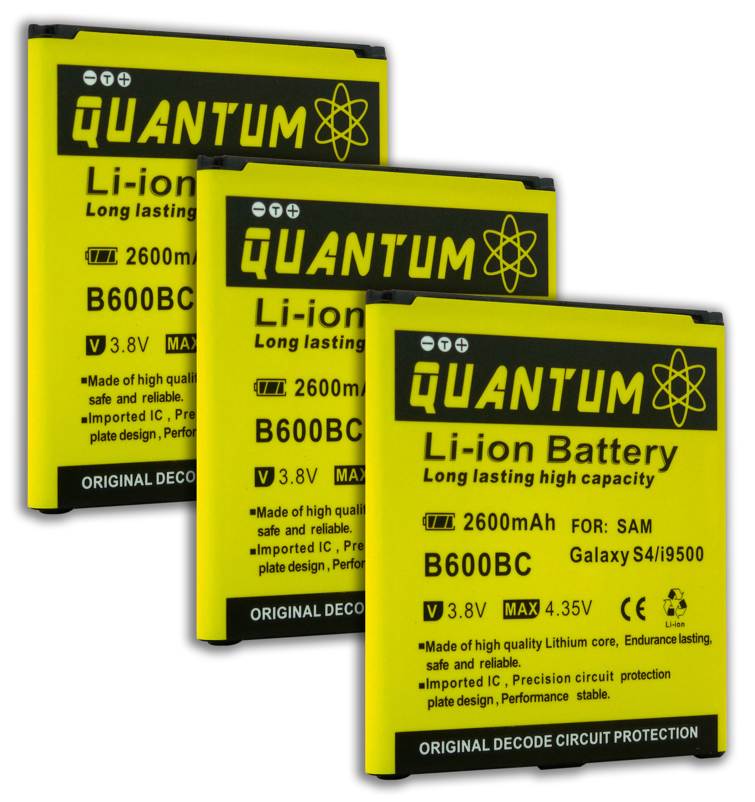 QUANTUM 3x 2,600 mAh LiIon Batteries for Galaxy S4 I9500, 12 MONTH