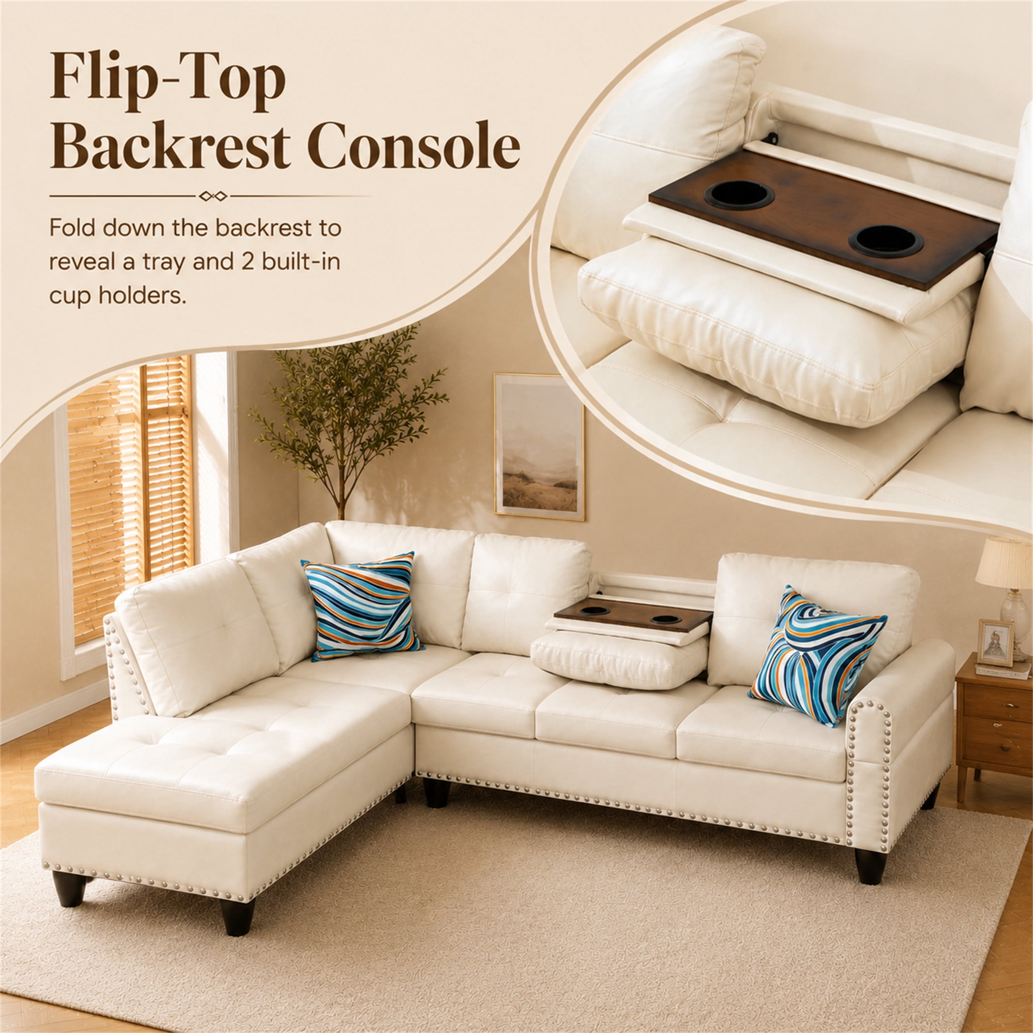 Aukfa 98" L Shaped Sectional Couch with Cup Holder Console, Tufted Back&Nailhead Trim, Oversized Left Chaise Leather Sofa for Living Room, White