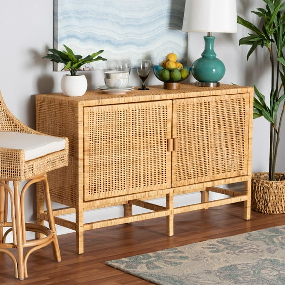 bali & pari Vivan Rattan and Mahogany wood BOHO Storage Cabinet, 2-Door, Natural Brown