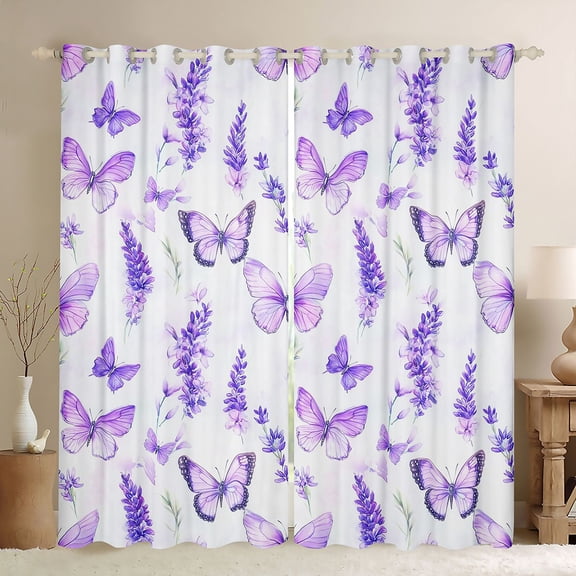 Erosebridal Rustic Plant Lavender Black Out Curtains,Wild Animal Butterfly Curtains Pack of 2 (42x63 Each) For Men Women