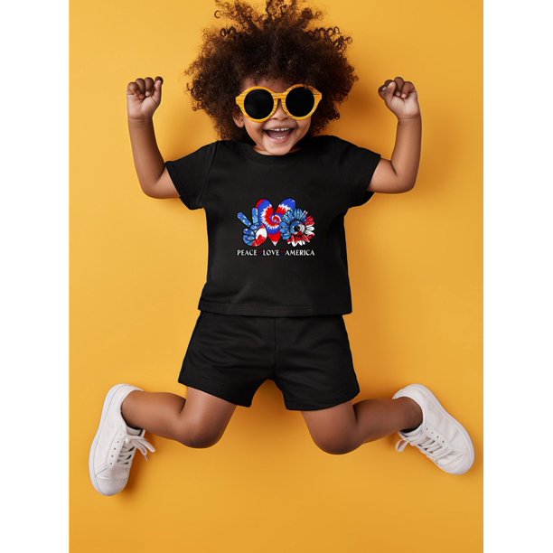Boys Summer Outfit, USA Flag Graphic Print T-shirt, Boys Clothing