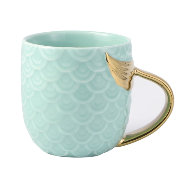 Taza de sirena creativa Taza de café de cerámica dorada y perla con mango de cola de sirena Taza de bebida de café Regalo de boda de cumpleaños (azul cielo)