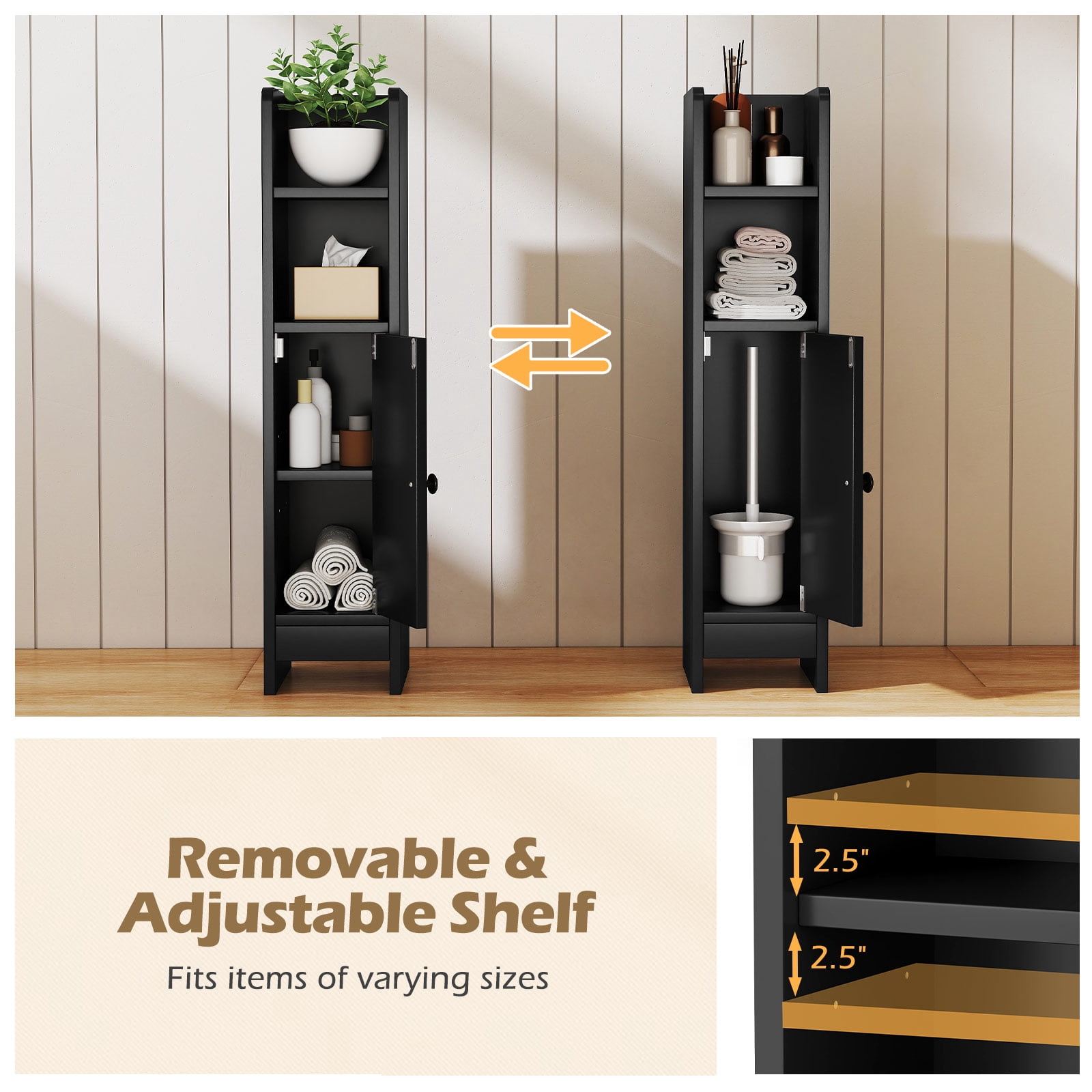 Topbuy Bathroom Storage Cabinet Small Corner Floor Cabinet with Door and Adjustable Shelves Toilet Paper Holder Stand Black