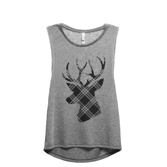Reindeer Plaid Women's Fashion Sleeveless Muscle Workout Yoga Tank Top Heather Grey Grey Medium