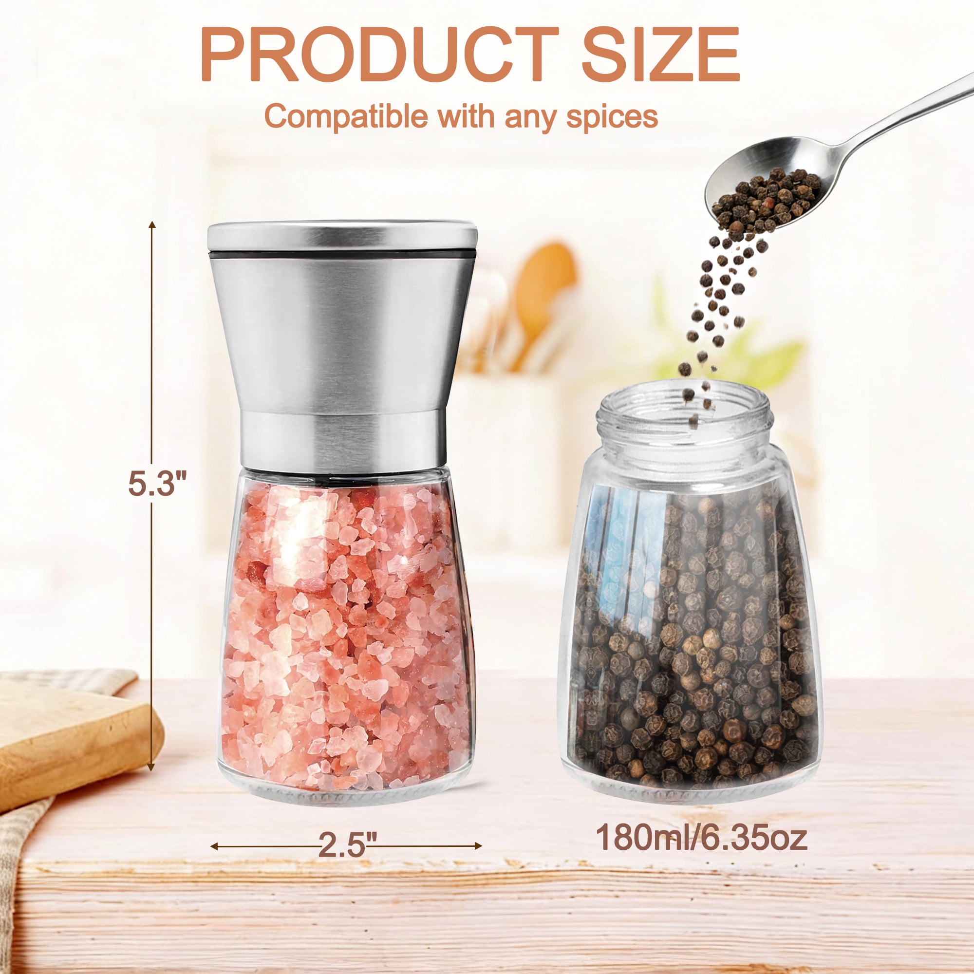 2 Pack Salt and Pepper Grinder Set, Adjustable Coarseness Stainless Steel Spice Mills, Manual Spice Grinders for Sea Salt Black Pepper Spices