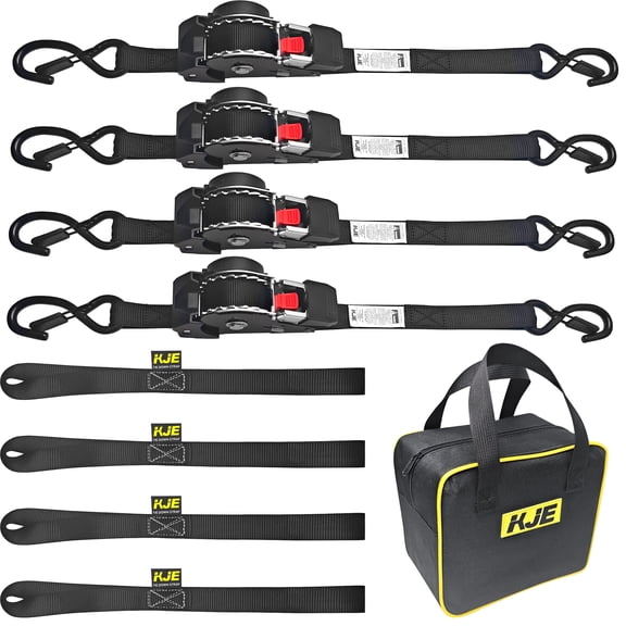 KJE Retractable Ratchet Straps, 4 Pack of 1" x 10' Self Retracting Ratchet Straps with S-Hook & Clip, 1,650lb Strength, Includes (4) Soft Loops for Motorcycle, Kayak, ATVs, Boats, Trailer Use