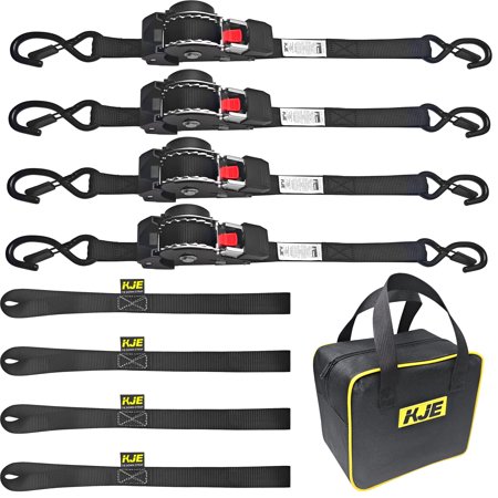 KJE Retractable Ratchet Straps, 4 Pack of 1" x 10' Self Retracting Ratchet Straps with S-Hook & Clip, 1,650lb Strength, Includes (4) Soft Loops for Motorcycle, Kayak, ATVs, Boats, Trailer Use