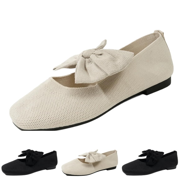 Domzle Mary Jane Shoes Womens Pointed Toe Ballet Flats Dressy Comfortable Knit Washable Casual Business Work Dress Shoes White