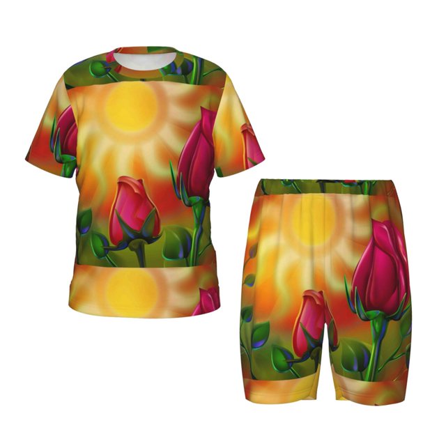 Bingfone Rose Psychédélique pour Enfants Ensemble de Pyjamas Col Rond, Pyjamas à Manches Courtes avec Taille Élastique et Shorts Ensemble Deux Pièces, Adapté pour Garçons et Filles Tenue de Maison-TTG
