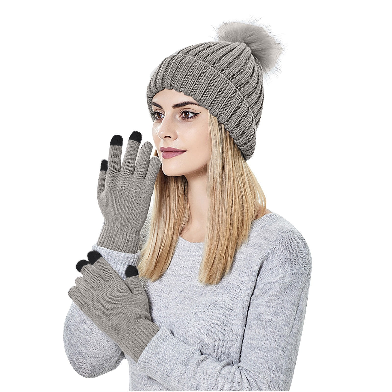 2 Pcs Womens Winter Knitted Beanie Pom Hat Touch Screen Gloves Set Knit