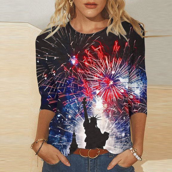 lcziwo Womens Memorial Shirt Plus Size Cotton Comfortable Summer 3/4 Sleeve T-Shirt 4Th Of July Print Casual Family Round Neck Tee Top Multicolor XXXL