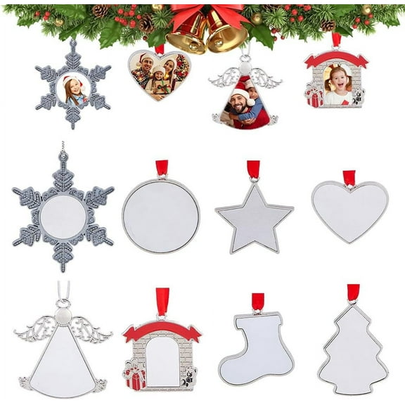 1box 8 sets 8 styles Christmas Theme Sublimation Blank Alloy Photo Frame Hot Transfer Printing Sublimation Hanging Decoration for Christmas Party Decor