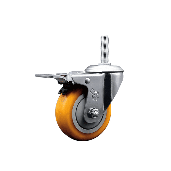 3.5 Inch Yellow Poly Wheel Swivel 3/4 Inch Threaded Stem Caster Total Lock Brake