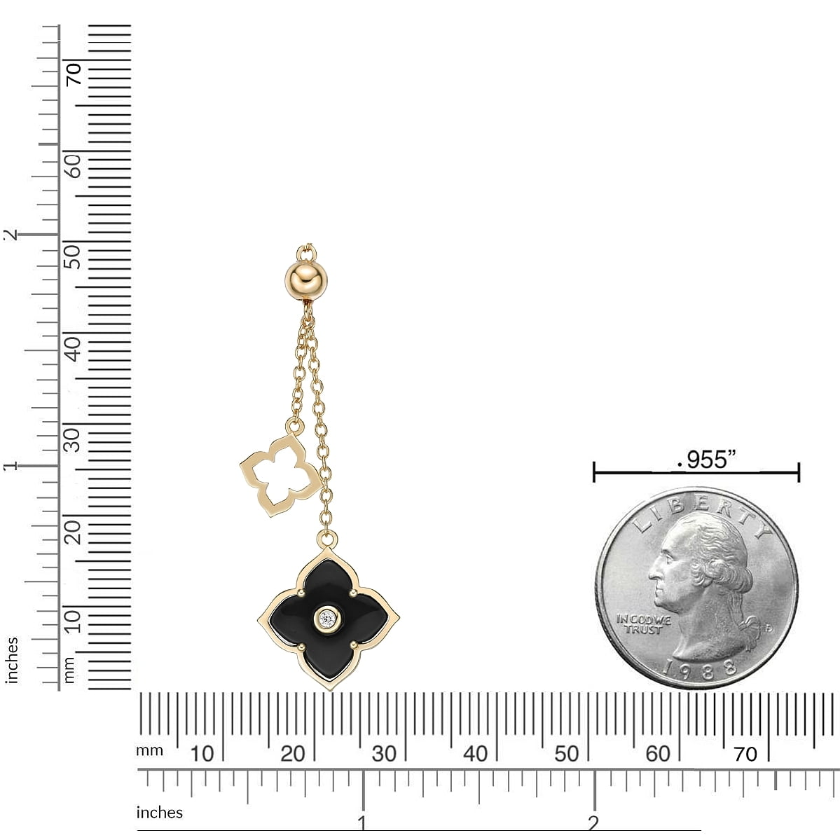 Black Onyx and Cubic Zirconia Double Flower Pendant Necklace in 925 Sterling Silver with Yellow Gold Plating 16 to 18 Inches Adjustable Spring Ring by Lavari Jewelers