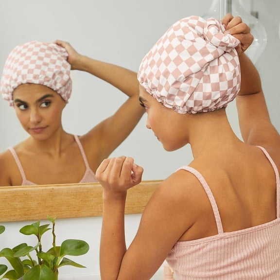 Luxury Satin-Lined Flexi Shower Caps for Women Reusable Waterproof - Large Wide Shower Cap for Women & Men, Adjustable, Stylish Hair Cap for Showers, For Long & Short Hair - Terracotta Checker