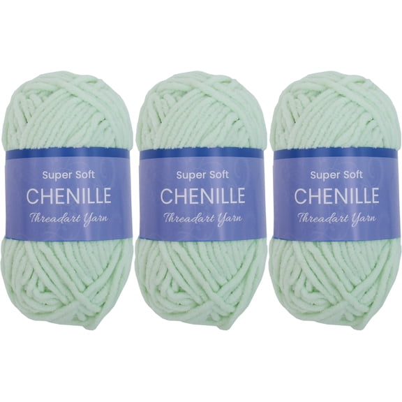 3 Pack ThreadArt Chenille Yarn for Crocheting, Knitting, Amigurumi, Super Soft Plush Velvet Yarn - 50 Gram 60 yds #5 Fluffy Yarn Skeins - Seafoam