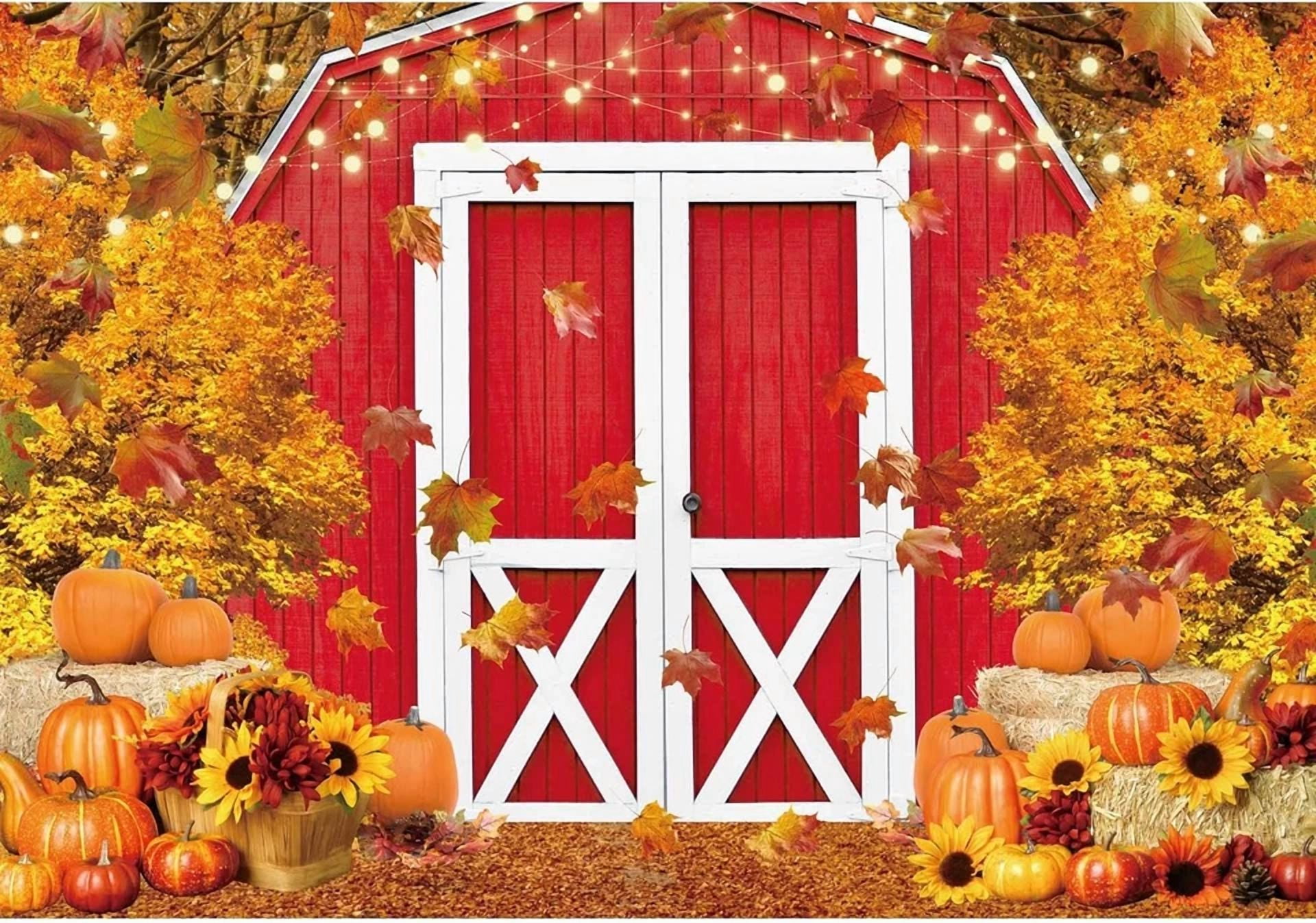 BUTTERFLY- Fall Harvest Backdrop 7X5Ft Red Farm For Thanksgiving Baby Shower Party Decor