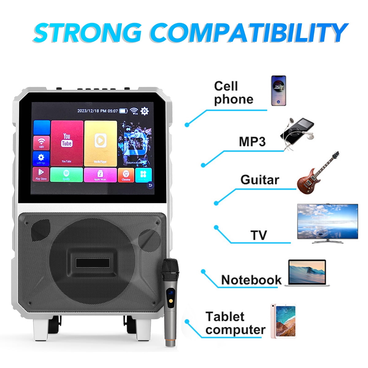 Lohoms Portable Karaoke Machine with Lyrics Display Screen, 8" Subwoofer, Built-in Tablet, Rechargeable Wireless Speaker with One Mics & DJ Lights, Gift for Adults, Family & Holiday Parties