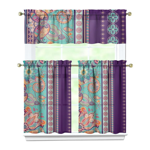 3 PCS Kitchen Curtains Set - Paisley Boho Vintage Tier Curtains with Valance, Semi-Sheer Rod Pocket Window Panels for Farmhouse, 54x18   2x27.5x36 Inch
