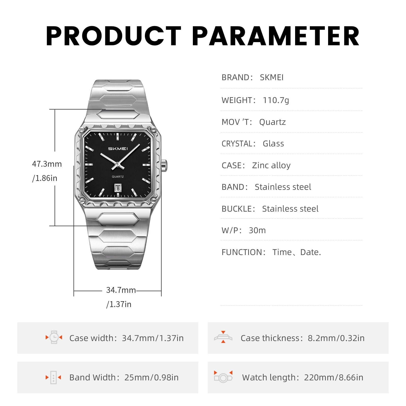 SKMEI Watches for Men Fashion Business Mens Watch Analog Quartz Big Face Luxury Classic Stainless Steel Waterproof Luminous Wristwatch