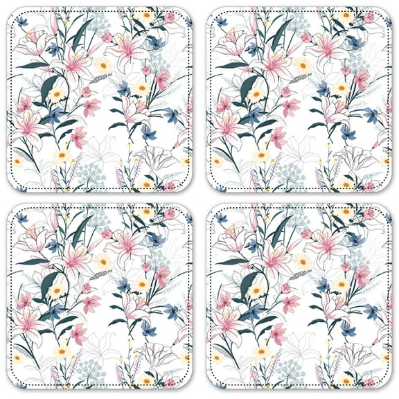 Vinyl Drink Coasters - Set of 4 - Pink Flower Toss