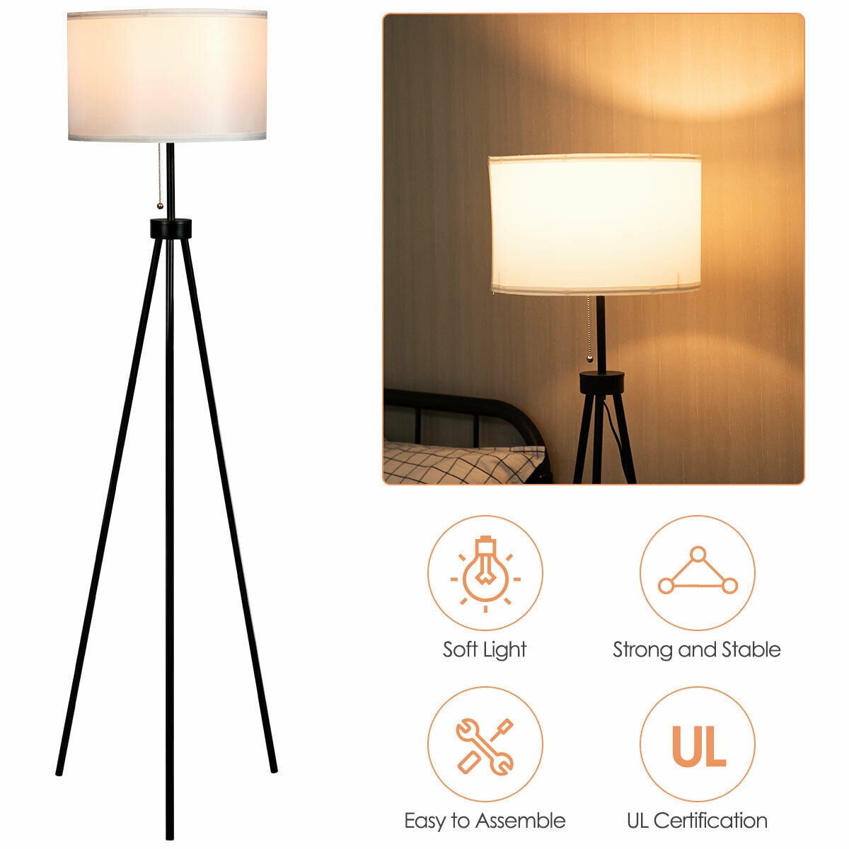 Gymax Modern Metal Tripod Floor Lamp White Fabric Shade w/ Chain Switch Home & Office