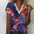 thumbnail image 1 of Hauts d'Été pour Femmes 2023 Mode Oversize Col en V Patchwork en Dentelle Manches Courtes Blouse Décontractée Chemises Col en V en Dentelle pour Femmes, 1 of 5